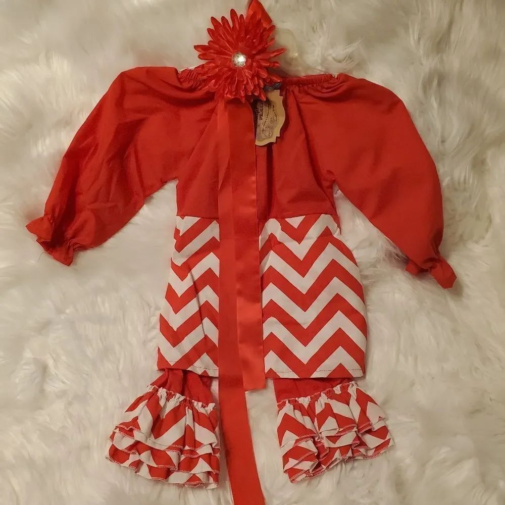 Boutique red & white Chevron ruffle pant set